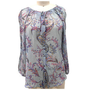 Sundance 100% Crinkled Sheer 100% Silk Top SZ Med Floral 3/4 Sleeve Blouse